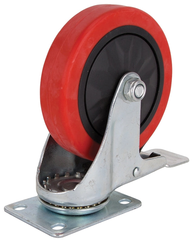 ProSource JC-388-G Swivel Caster with Brake, 5 in Dia Wheel, 30 mm W Wheel, PU Wheel, Red, 275 lb