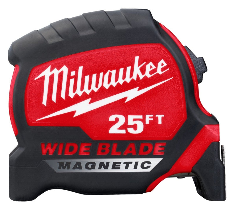 Milwaukee 48-22-0225M Tape Measure, 25 ft L Blade, 1-5/16 in W Blade, Steel Blade, ABS Case, Black/Red Case