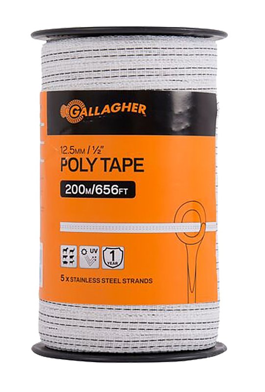 Gallagher G62304 Electric Fence Tape, 656 ft L, 1/2 in W, Stainless Steel Conductor, Polyethylene, White