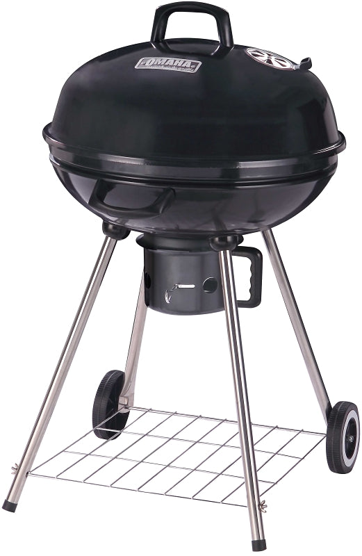 Omaha Charcoal Kettle Grill, 2-Grate, 397 sq-in Primary Cooking Surface, Black, Steel Body