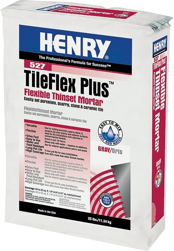 Henry 527 TileFlex Plus Series 12262 Thin-Set Mortar, Gray, Fine Solid Powder, 25 lb, Bag