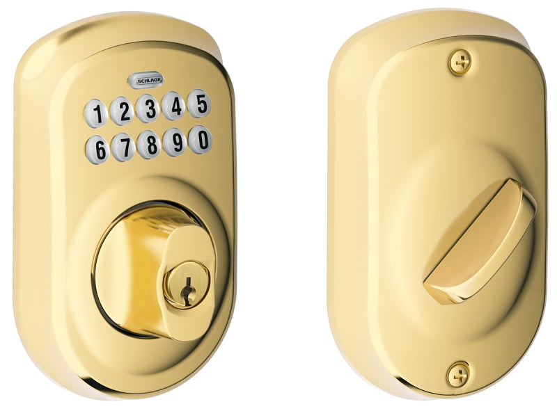 Schlage BE365 PLY 505 Electronic Deadbolt, Bright Brass, Residential, 1 Grade, Metal, Thumbturn Interior Handle