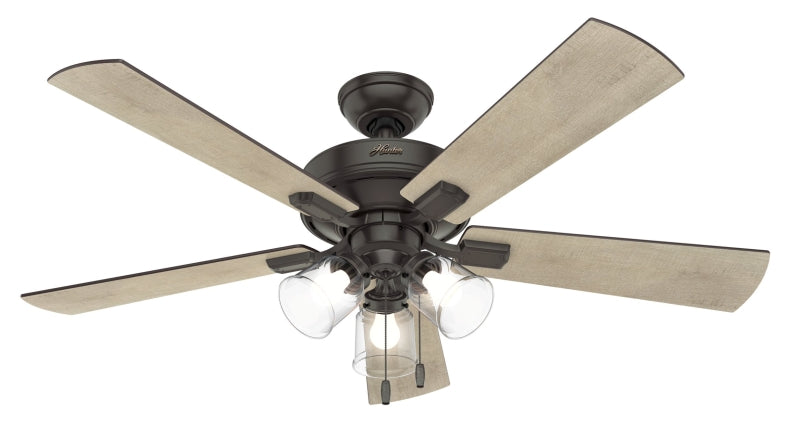 Hunter Crestfield Series 54205 Ceiling Fan, 5-Blade, Bleached Gray Pine/Gray Walnut Blade, 52 in Sweep, MDF Blade