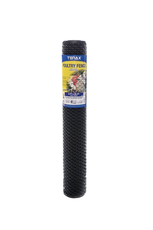 Tenax 206866 Poultry Fence, 25 ft L, 3 ft W, Hexagonal Mesh, 3/4 x 3/4 in Mesh, Plastic, Black