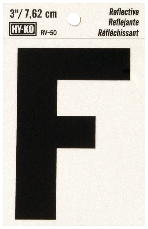 Hy-Ko RV-50/F Reflective Letter, Character: F, 3 in H Character, Black Character, Silver Background, Vinyl