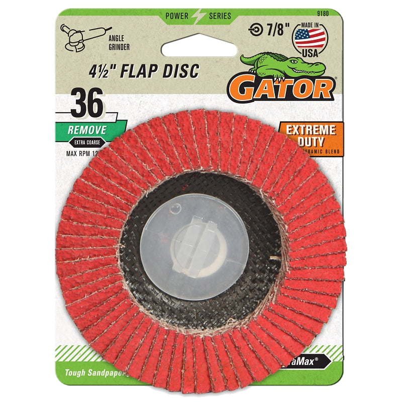 Gator 9180 Abrasive Flap Disc, 36 Grit, Extra-Coarse, Zirconium Oxide Abrasive, Fiberglass Backing, 7/8 in