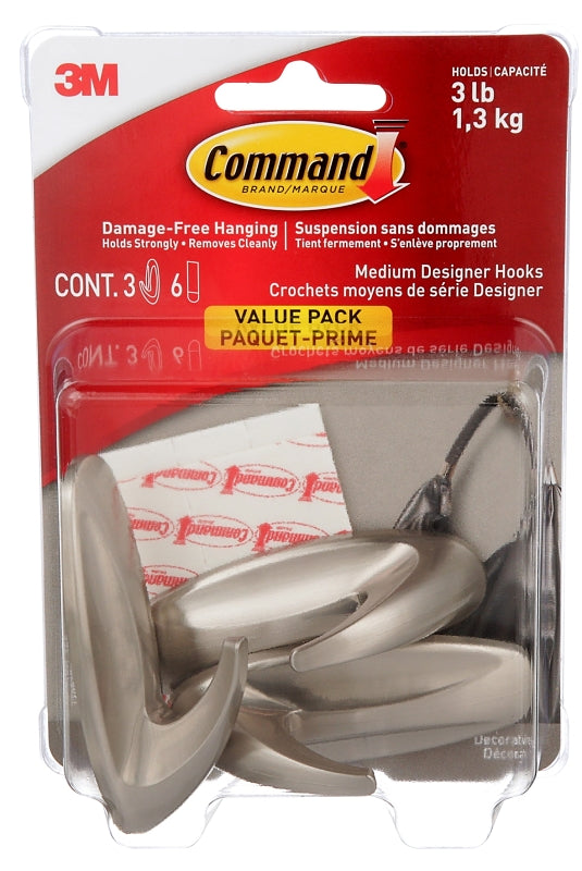 Command 17081BN-3ES Medium Designer Hook, 3 lb, 3-Hook, Plastic, Brushed Nickel