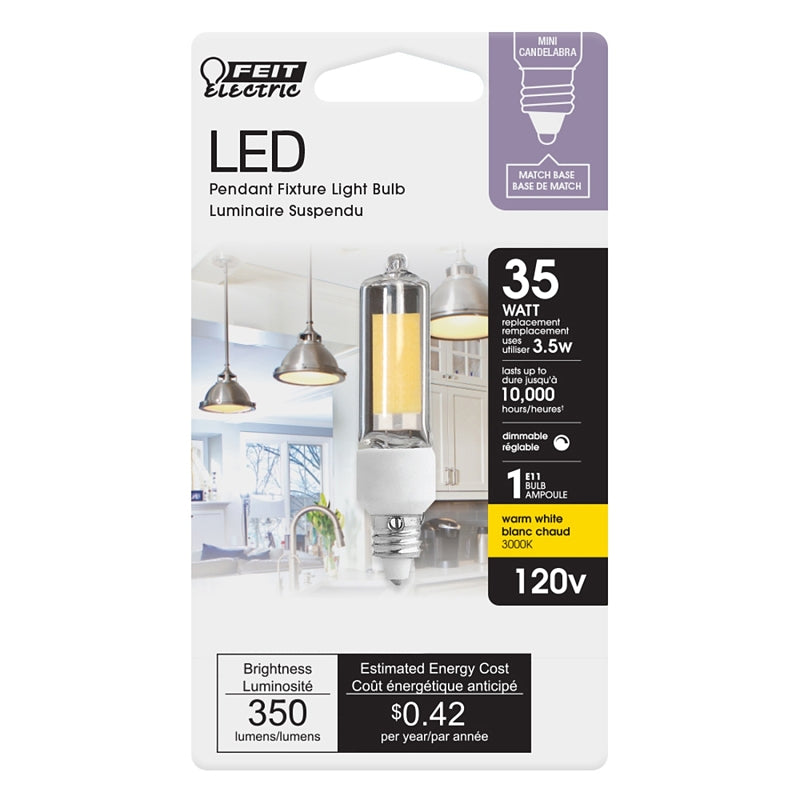 Feit Electric BP35MC/830/LED LED Bulb, Linear, T4 Lamp, 35 W Equivalent, E11 Lamp Base, Dimmable, Warm White Light