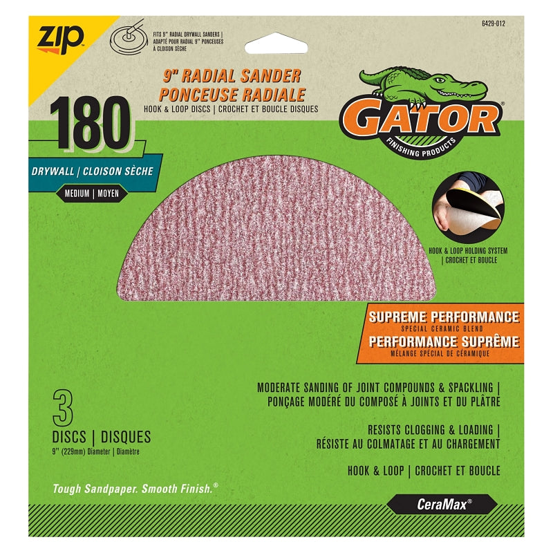 Gator 6429012 Drywall Sanding Disc, 9 in Dia, 180 Grit, Very Fine, Ceramic Alumina Abrasive