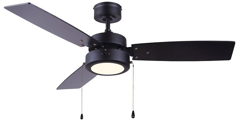 Canarm WALLIS CF42WAL3BK Ceiling Fan with Light Kit, 3-Blade, Black Housing, Black Blade, 42 in Sweep, MDF Blade