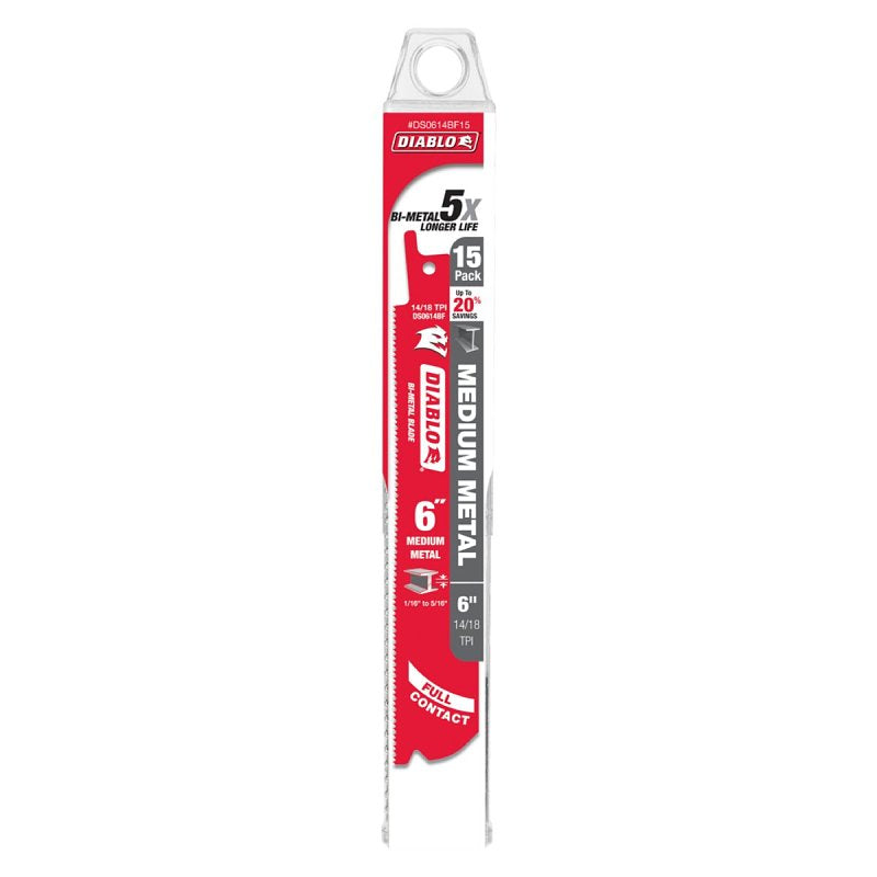 Diablo DS0614BF15 Reciprocating Saw Blade, 1 in W, 6 in L, 14, 18 TPI, 15/PK