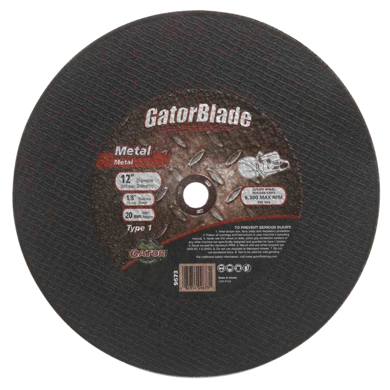 GatorBlade 9673 Cut-Off Wheel, 12 in Dia, 1/8 in Thick, 20 mm Arbor