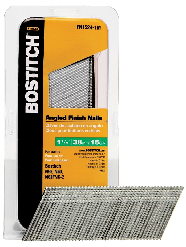 Bostitch FN1524-1M Finish Nail, 1-1/2 in L, 15 ga Gauge, Steel, Bright, Flat Head, Smooth Shank