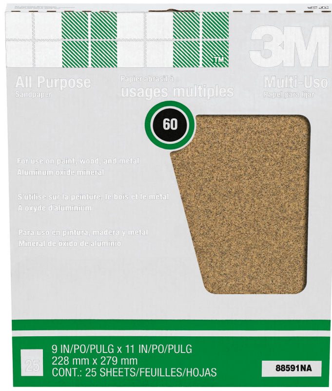 3M 88591 Sandpaper Sheet, 11 in L, 9 in W, Medium, 60 Grit, Aluminum Oxide Abrasive, Cloth Backing