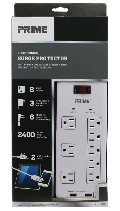 Prime PB523120 Surge Protector with USB Charger, 125 V, 15 A, 8 -Outlet, 2400 J Energy, White