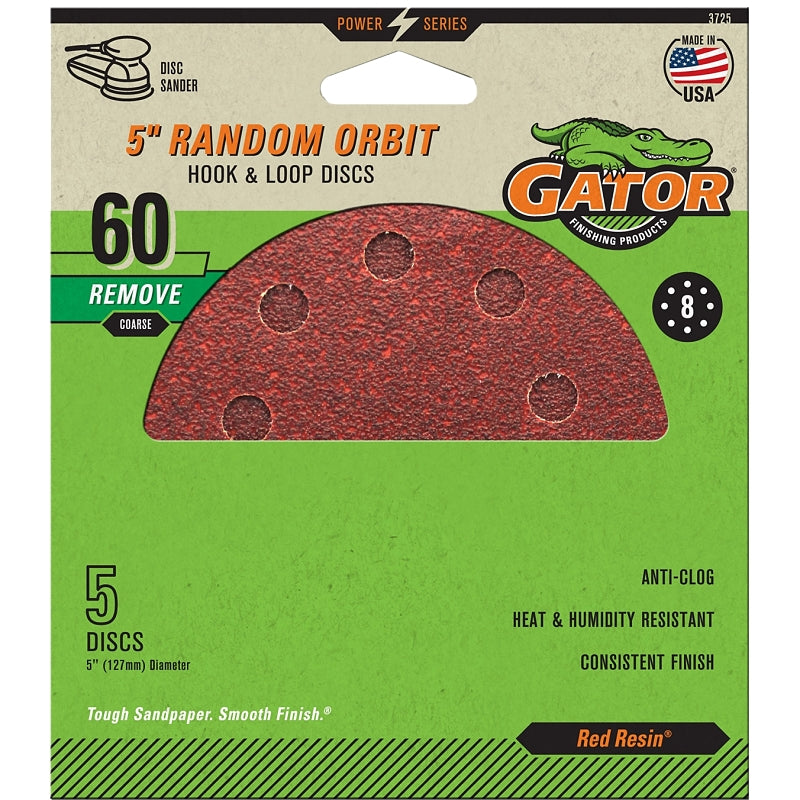 Gator 3725 Sanding Disc, 5 in Dia, 60 Grit, Coarse, Aluminum Oxide Abrasive, Vented