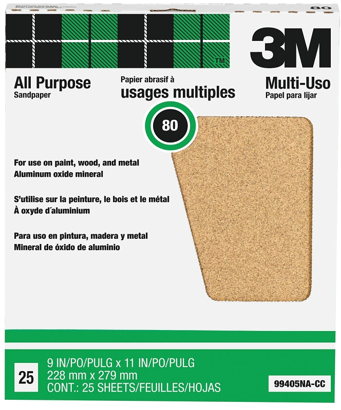 3M 99405 Sandpaper Sheet, 11 in L, 9 in W, Medium, 80 Grit, Aluminum Oxide Abrasive, Paper Backing