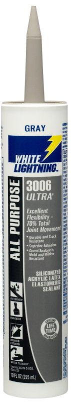 White Lightning W11004010 All Purpose Elastomeric Sealant, Gray, 5 to 7 days Curing, >40 deg F, 10 fl-oz, Cartridge