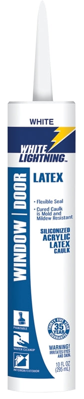 White Lightning W32000010 Siliconized Acrylic Latex Caulk, White, 5 to 7 days Curing, -30 to 180 deg F, 10 fl-oz