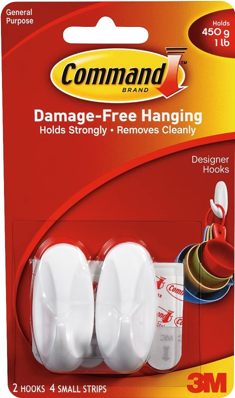 Command 17082 Designer Hook, 1/4 in Opening, 1 lb, 2-Hook, Plastic, White