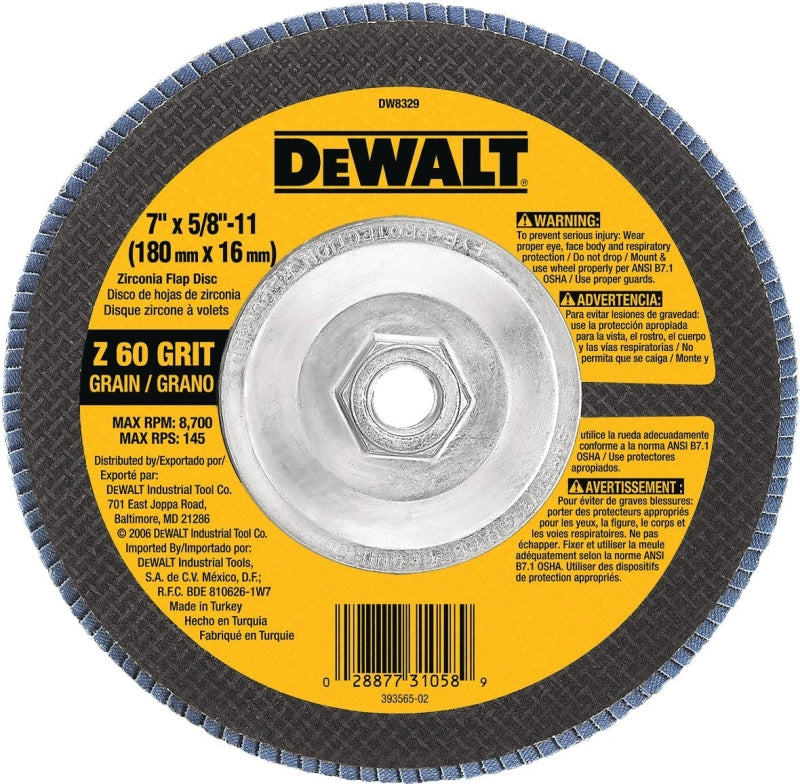 DeWALT DW8329 Flap Disc, 7 in Dia, 5/8-11 Arbor, Coated, 60 Grit, Medium, Zirconium Oxide Abrasive