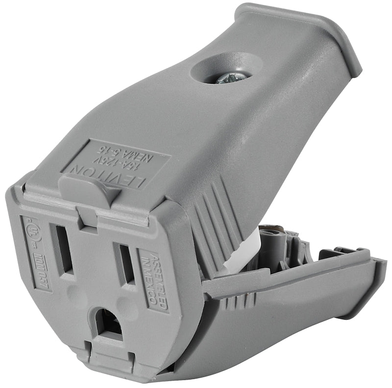 Leviton 3W102-GY Straight Blade Connector, 2-Pole, 15 A, 125 V, Female, NEMA: 5-15R, Gray
