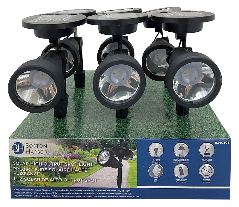 Boston Harbor Solar Spotlight, Li-Ion Battery, AA Battery, 1-Lamp, Metal and Glass Fixture, Black