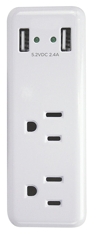 PowerZone ORUSB242 Outlet Charger, 2.4 A, 2-USB Port, 2-Outlet, White