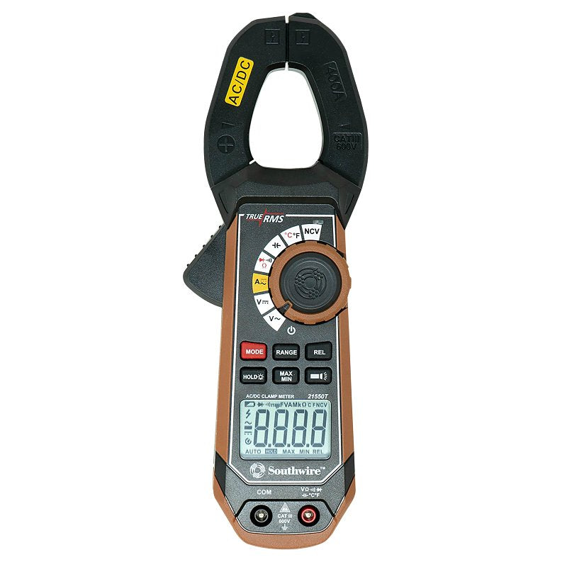 Southwire 21550T Clamp Meter, 40 A, 400 A AC/DC, 0.1 A, 10 mA AC Current, 0.1 A, 10 mA DC Current Resolution, Brown