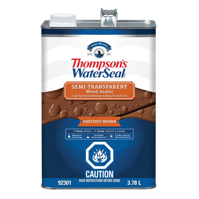 Thompson's WaterSeal THCP92301-16 Wood Sealer, Semi-Transparent, Liquid, Chestnut Brown, 1 gal, Can