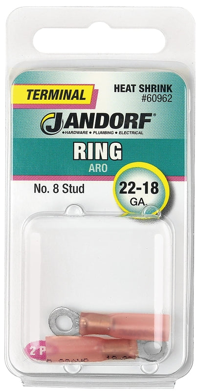Jandorf 60962 Ring Terminal, 22 to 18 AWG Wire, #8 Stud, Copper Contact, Pink