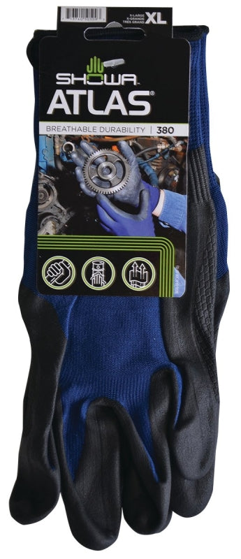 Showa 380XL-09.RT Coated Gloves, XL, 8-21/32 to 10-15/64 in L, Elastic Wrist, Seamless Knit Cuff, Nitrile Foam Coating