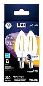 GE 22560 LED Bulb, Decorative, BC Lamp, 25 W Equivalent, E12 Lamp Base, Dimmable, Soft White Light, 2700 K Color Temp