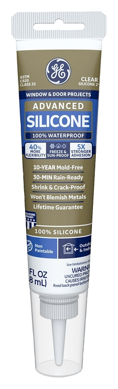 GE Advanced Silicone 2 2810435 Window & Door Sealant, Clear, 24 hr Curing, 2.8 fl-oz Squeeze Tube