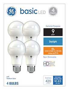 GE Industrial Solutions 36992 LED Bulb, General Purpose, A19 Lamp, 40 W Equivalent, E26 Lamp Base, Daylight Light