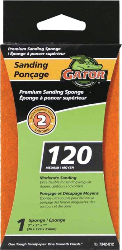 Gator 7342-012 Sanding Sponge, 5 in L, 3 in W, 120 Grit, Aluminum Oxide Abrasive