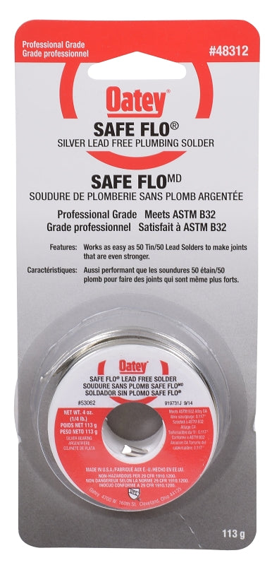 Oatey Safe-Flo 48312 Wire Solder, 113 g Carded, Solid, Silver Gray, 215 to 237 deg C Melting Point