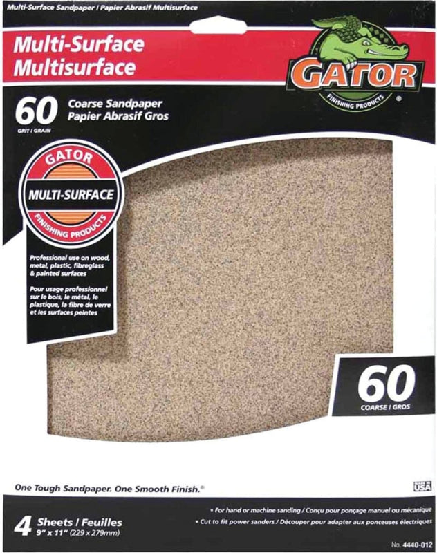 Gator 4440-012 Sanding Sheet, 9 in L, 11 in W, 60 Grit, Coarse, Aluminum Oxide Abrasive