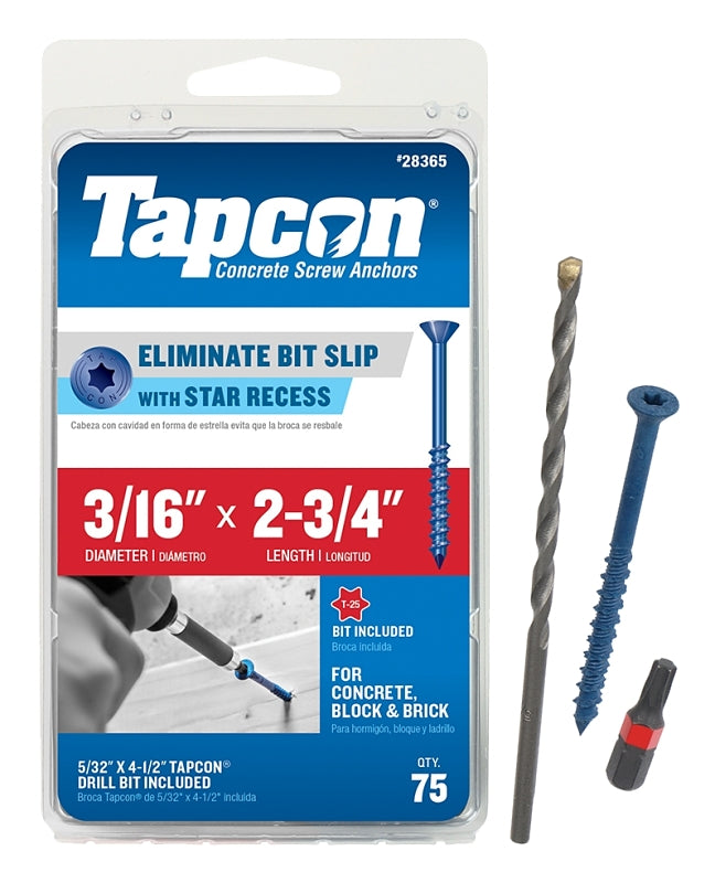 Buildex Tapcon 28365 Concrete Screw Anchor, 3/16 in Dia, 2-3/4 in L, Steel, Climaseal, 75/PK