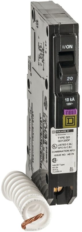 Square D QO120DFC Circuit Breaker, CAFCI, Mini, 20 A, 1 -Pole, 120 V, Plug Mounting