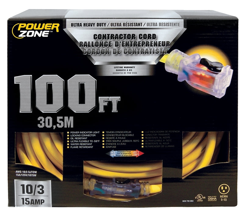 PowerZone Contractor Cord, 10 AWG Cable, 100 ft L, 15 A, 125 V, Yellow