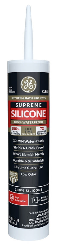 GE Supreme Silicone 2822051 Kitchen & Bath Sealant, Clear, 24 hr Curing, 10.1 fl-oz Cartridge