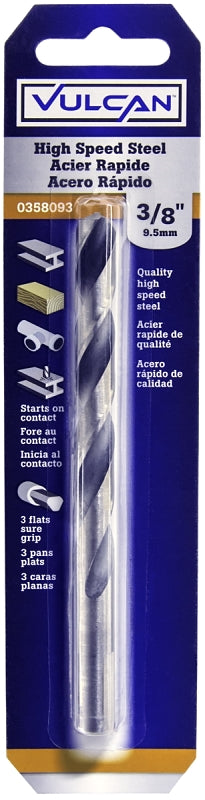 Vulcan Jobber Drill Bit, 3/8 in Dia, 5 in OAL, 3-Flat Shank