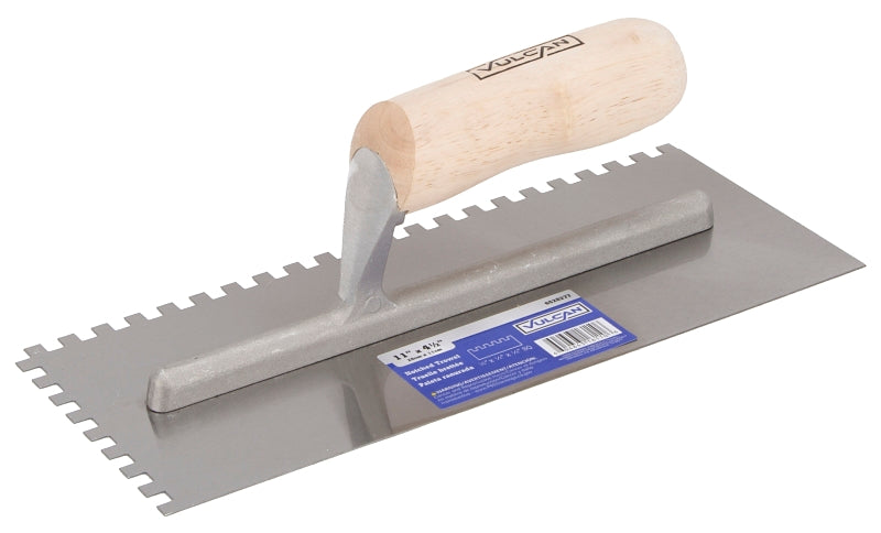 Vulcan 16110 Trowel, 1/4 x 1/4 in, 4-1/2 in W Blade, Notched Blade, HCS Blade, Hard Wood Handle, Camel Back Handle, 11 in OAL, Silver