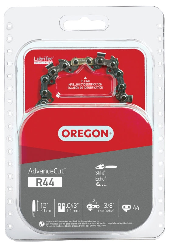 Oregon AdvanceCut R44 Chainsaw Chain, 12 in L Bar, 0.043 Gauge, 3/8 in TPI/Pitch, 44-Link