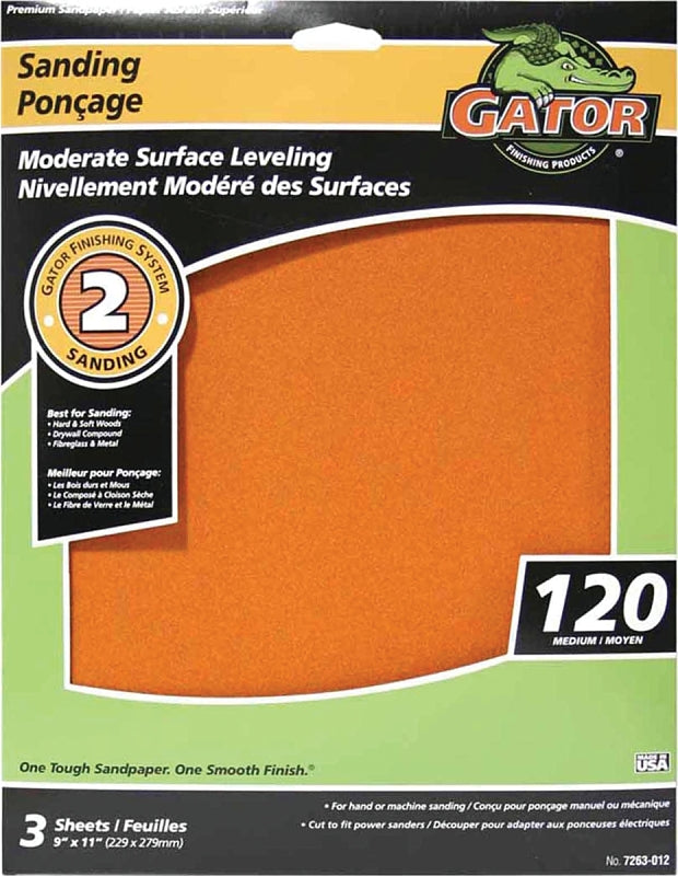 Gator 7263-012 Sanding Sheet, 11 in L, 9 in W, Fine, 120 Grit, Aluminum Oxide Abrasive