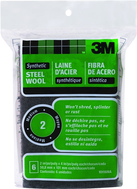 3M 10116 Steel Wool, 4 in L, 2 in W, #2 Grit, Medium, Black