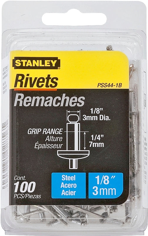 Stanley PSS44-1B Pop Rivet, High-Strength, Reusable, Galvanized Steel, 100/PK