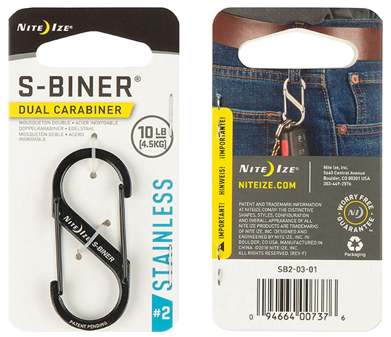 Nite Ize S-Biner Series SB2-03-01 Dual Carabiner, #2 Dia Ring, Stainless Steel, Black