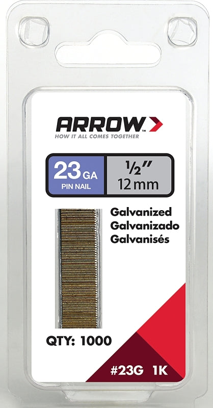 Arrow 23G12-1K Pin Nail, 1/2 in L, 23 Gauge, Galvanized Steel, Round Shank